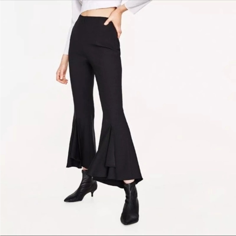 ZARA FRILLY CREPE TROUSERS Bell Bottom Flared Black Pants Size XS